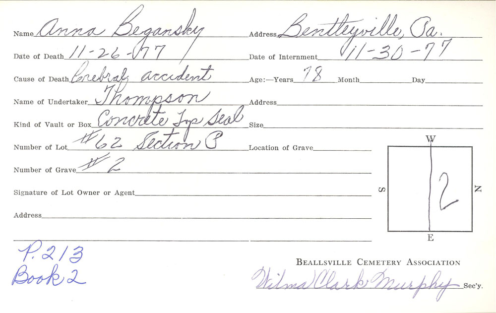 Anna Begansky  burial card